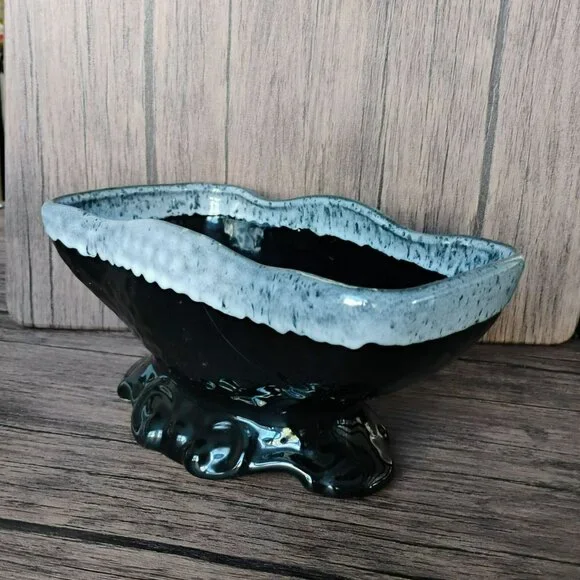 McCoy USA Pottery Pedestal Planter, Black with Grey White Foam Glaze Bowl 8.5" - Picture 9 of 11